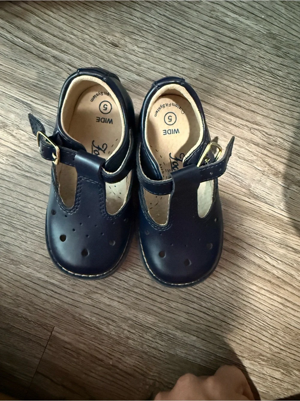 FootMates Navy T-Strap Kids Dress Shoes with Gold Buckle